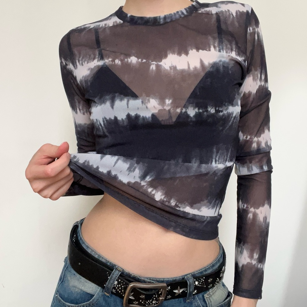 Tie dye sheer mesh long sleeve top